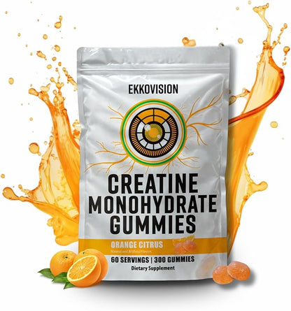Ekkovision Creatine Monohydrate Gummies for Men and Women, Orange Citrus Flavor, Sugar Free Creatine Gummies for Pre Workout, Muscle Strength and Recovery, Vegan & Travel Friendly, 300 Ct, 60 Servings