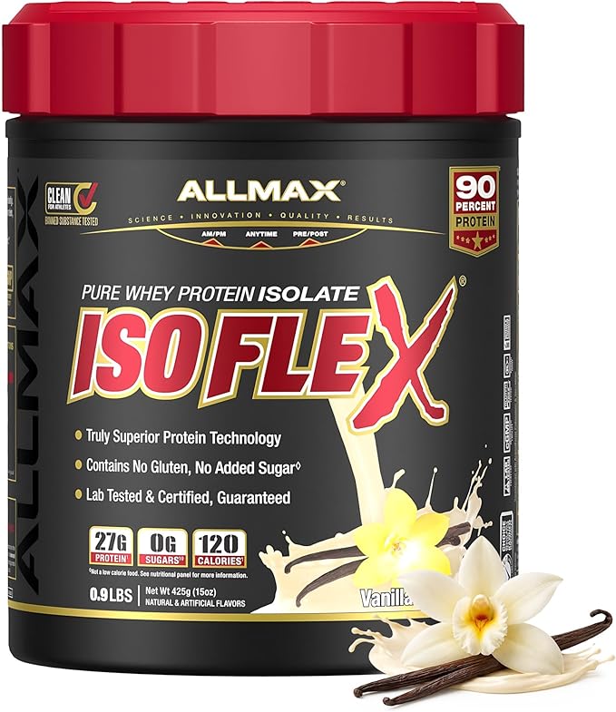 ALLMAX ISOFLEX Pure Whey Isolate Protein Powder - Gluten Free, Low Lactose, Sugar-Free - High-Protein, Clean, Keto-Friendly for Pre Post Workout Supplement for Women and Men | Vanilla, 1lb
