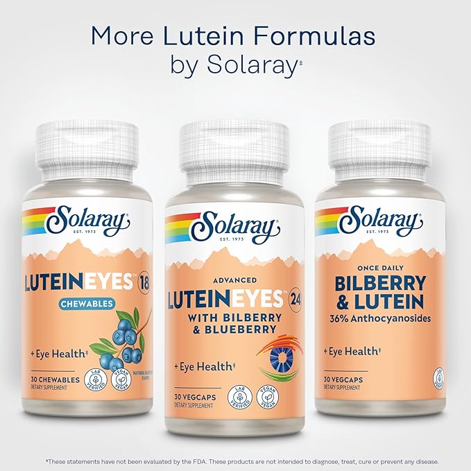SOLARAY Advanced Lutein Eyes 24mg with Bilberry Extract and Blueberry Extract, Eye & Macular Health Support Supplement Supplying Zeaxanthin from Marigold, Vegan, 30 Servings, 30 VegCaps