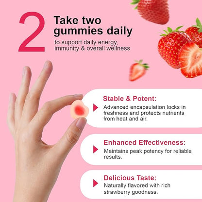 Multivitamin for Women, Womens Multivitamin Gummies with Minerals, Biotin + Zinc + Vitamins B6, B12, C, D & E,100% Natural Strawberry Flavor,No Sugar,60 Gummies