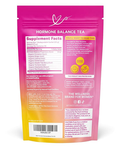 Pink Stork Hormone Balance Tea for Women – Red Raspberry Leaf & Chasteberry (Vitex) – Organic Herbal Tea for PMS, Menstrual Cycle & Perimenopause Support – Caffeine-Free Cinnamon Blend – 30 Cups