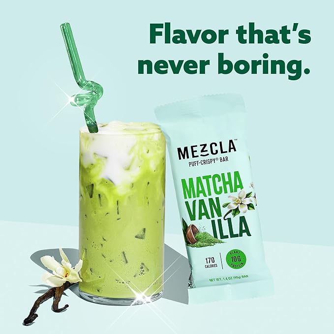 Mezcla Puff-Crispy Plant Based Protein Bars - Matcha Vanilla - Healthy Snacks for Adults & Matcha Latte Fans - Best School, Travel, Office Snacks - Gluten Free, Vegan, Non GMO, 10g Protein - 12 Count
