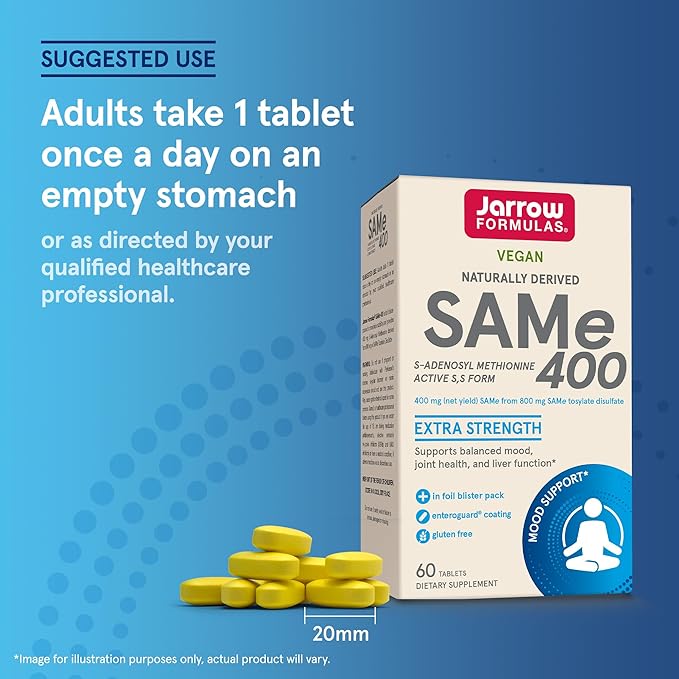 Jarrow Formulas SAMe Supplement 400 mg - 60 Tablets - High Concentration of Active S,S Form - Supports Joint Health, Liver Function, Brain Metabolism, Balanced Mood & Antioxidant Defense - 60 Servings