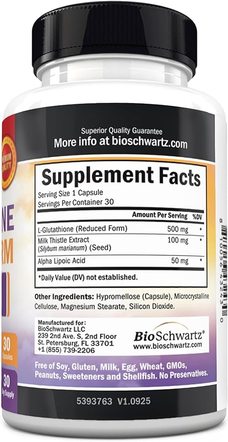BioSchwartz Reduced Glutathione Supplement 500mg with Alpha Lipoic Acid 50mg & Milk Thistle 100mg - Glutathione Reduced Form - Gluten-Free, Third Party Quality Tested - 30 Capsules, 30 Day Supply