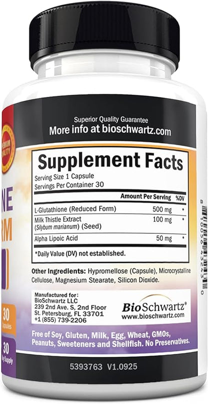 BioSchwartz Reduced Glutathione Supplement 500mg with Alpha Lipoic Acid 50mg & Milk Thistle 100mg - Glutathione Reduced Form - Gluten-Free, Third Party Quality Tested - 30 Capsules, 30 Day Supply
