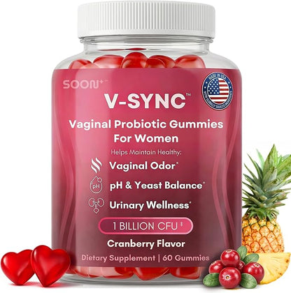 SOON+ Feminine Balance Gummies for Women, V-Sync Pineapple Probiotics for pH Balance Support * Vaginal, Urinary, Immune, Digestive Wellness * with Bacillus Coagulans, Cranberry, Vitamin C, 60 Gummies