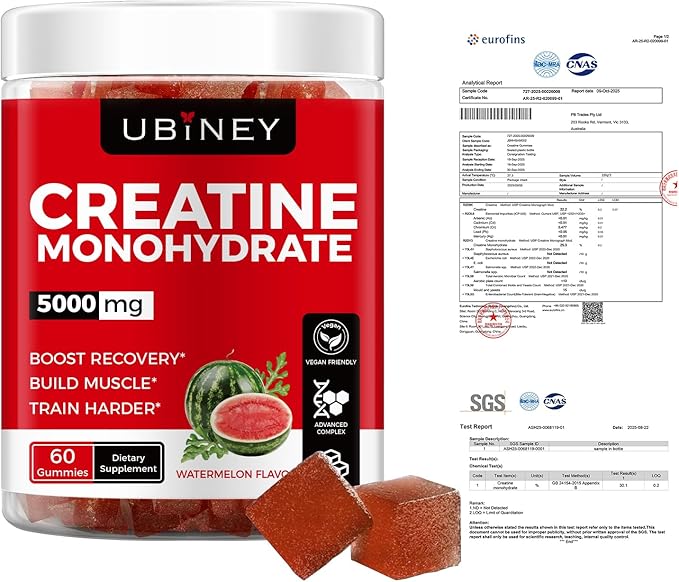 Creatine Monohydrate Gummies 5000mg – Sugar-Free, Vegan, Gluten-Free – Enhanced with Vitamin B12 & L-Taurine for Muscle Growth, Recovery & Strength – Delicious Strawberry Flavor, 60 Count