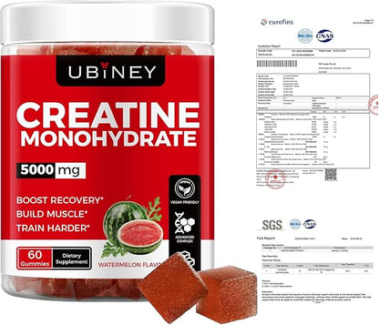 Creatine Monohydrate Gummies 5000mg – Sugar-Free, Vegan, Gluten-Free – Enhanced with Vitamin B12 & L-Taurine for Muscle Growth, Recovery & Strength – Delicious Strawberry Flavor, 60 Count