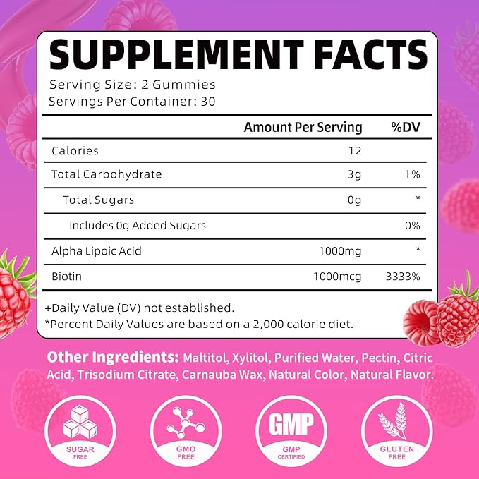 Alpha Lipoic Acid Gummies 1000MG with Biotin, High Absorption Chewable ALA Supplement for Antioxidant, Brain Health and Nerve Support, Raspberry Flavor, 60 Count
