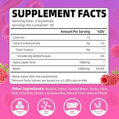Pack of 2 Alpha Lipoic Acid Gummies 1000MG with Biotin, High Absorption Chewable ALA Supplement for Antioxidant, Brain Health and Nerve Support, Raspberry Flavor, 120Count