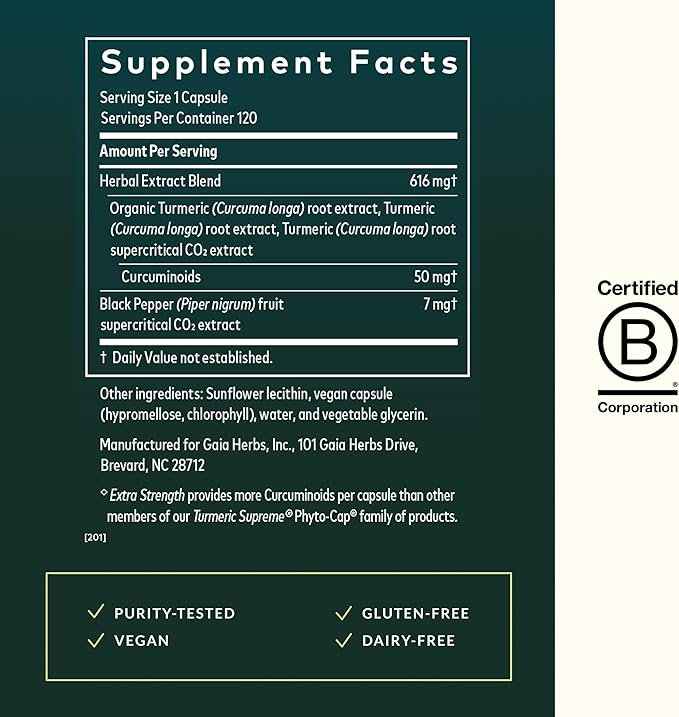Gaia Herbs Turmeric Supreme Extra Strength - Supports Occasional Discomfort from Normal Wear & Tear* - with Turmeric Curcumin & Black Pepper - 120 Vegan Liquid Phyto-Caps (Up to 120 Servings)