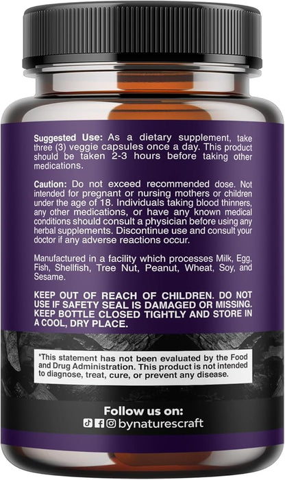 Natures Craft Activated Charcoal Pills Detox & Cleanse - Purifying Coconut Capsules with 1200 mg Per Serving for Bloating Relief - Active Detox Supplement for Body & Gut Health - 90 Count