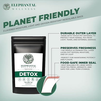 Elephantal Wellness Premium Detox Herbal Tea | Daily Liver, Kidney, Blood & Digestive Support with Turmeric, Nettle Tea, Milk Thistle, Dandelion Tea & Burdock | Handmade, Caffeine-Free Loose Leaf Blend | 2oz, 20 Servings