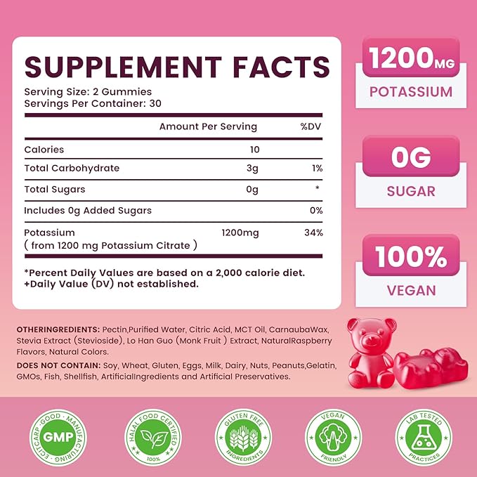 Potassium Citrate Gummies 1200mg, Sugar-Free Potassium Supplement for Adults Women & Men, Supports Leg Cramps & Muscle & Heart Health, Vegan, Gluten Free - Raspberry Flavor (120 Count)
