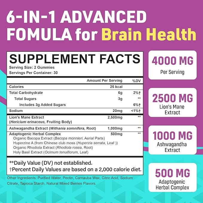 Organic Ashwagandha Gummies & Lions Mane Gummies with 4 Adaptogens| Brain Supplements for Memory and Focus, Stress, Energy, Immune, Sleep| Cortisol Supplements for Women & Men| Berry Flavor, 60 Counts