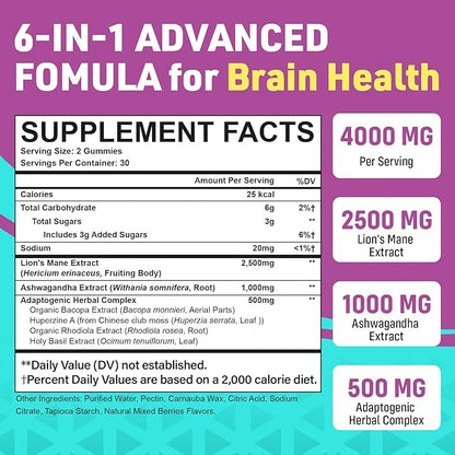 Organic Ashwagandha Gummies & Lions Mane Gummies with 4 Adaptogens| Brain Supplements for Memory and Focus, Stress, Energy, Immune, Sleep| Cortisol Supplements for Women & Men| Berry Flavor, 60 Counts