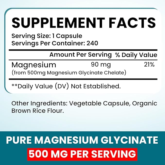 Magnesium Glycinate 500mg Chelate Capsules – 240 Count – 90mg Elemental Magnesium Per Serving – High Absorption Supplement – Non-GMO, Gluten Free – Made in USA