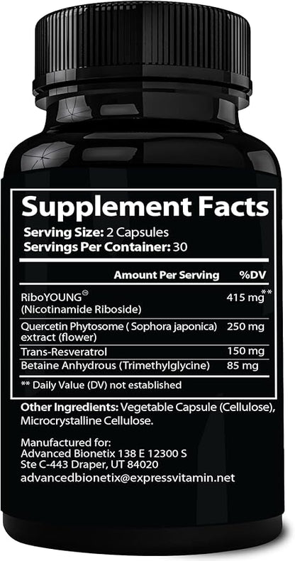 NAD Supplement with Nicotinamide Riboside Plus Resveratrol, Quercetin, Betaine w/RiboYOUNG™ for True Anti Aging
