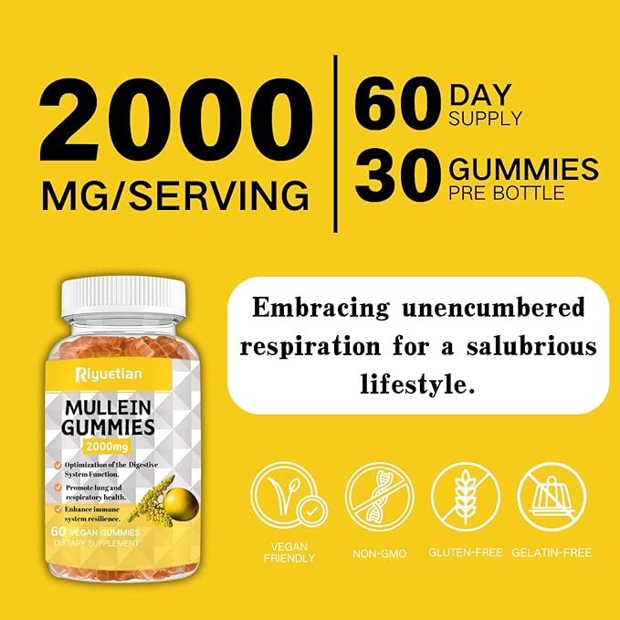 Mullein Gummies, 2000mg Organic Mullein Leaf Extract with Quercetin, Bromelain & Vitamin D3, Mullein Leaf Extract for Respiratory, Natural Lung Cleanse, Improve Appetite, Vegan, Non-GMO, 2 Pack