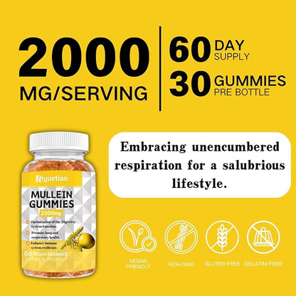 Mullein Gummies, 2000mg Organic Mullein Leaf Extract with Quercetin, Bromelain & Vitamin D3, Mullein Leaf Extract for Respiratory, Natural Lung Cleanse, Improve Appetite, Vegan, Non-GMO, 2 Pack