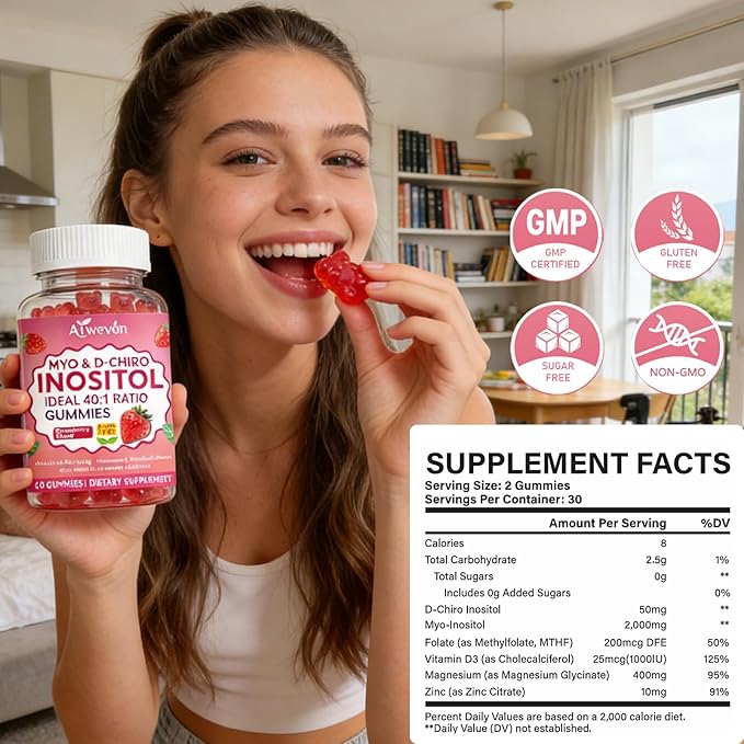 Myo-Inositol & D-Chiro Inositol Gummies 40:1 Ratio – Hormone Balance Supplement for Women – Ovarian & Fertility Support with Vitamins – Myo Chiro Inositol Gummies for Womens Health, 60 Count