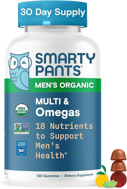 SmartyPants Multivitamin for Men, Organic Gummies: Methylfolate, Omega 3 (ALA), Vitamin D3, C, Vitamin B12, B6, A, K & Zinc for Immune Support, Biotin, Vegetarian, 120 Gummies (30 Day Supply)