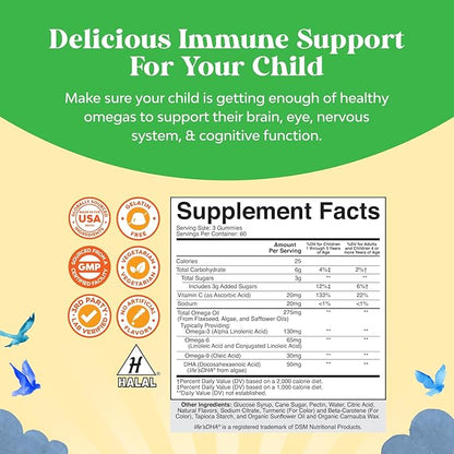 Omega DHA Gummies for Kids - Fatty Acids Omega 3 6 9 with Vitamin C for Brain, Immunity & Vision - Nutritional DHA for Kids for Healthy Nervous System & Focus Support - Fish Free & Vegan - 180 Chews