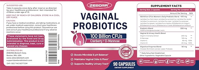 ZEBORA Vaginal Probiotics for Women 100 Billion CFUs, Probiotic for Digestive Health & Vaginal pH Balance & Urinary Tract Health, with Organic Cranberry & Prebiotics, 90 Veggie Capsules