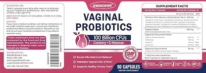 ZEBORA Vaginal Probiotics for Women 100 Billion CFUs, Probiotic for Digestive Health & Vaginal pH Balance & Urinary Tract Health, with Organic Cranberry & Prebiotics, 90 Veggie Capsules