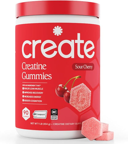 Create Creatine Monohydrate Gummies for Men & Women, Boost Focus, Strength, and Endurance, Anti-Melting Formula, Vegan, Gluten-Free, Non-GMO, 1.5g of Creatine per Gummy (Sour Cherry)