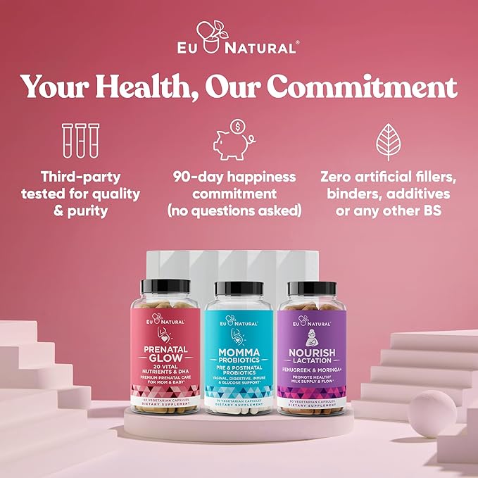 Eu Natural Glow Prenatal Vitamins for Women - 20-in-1 Prenatal Multivitamin with Folate & Vegan DHA - Supports Healthy Pregnancy, Fetal Development & Mom’s Comfort - 120 Vegetarian Capsules