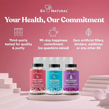 Eu Natural Glow Prenatal Vitamins for Women - 20-in-1 Prenatal Multivitamin with Folate & Vegan DHA - Supports Healthy Pregnancy, Fetal Development & Mom’s Comfort - 120 Vegetarian Capsules