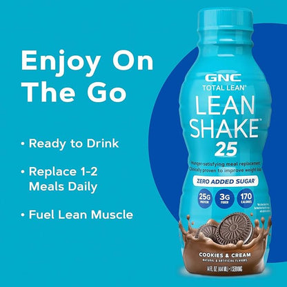GNC Lean Shake 25 Protein Shake, Clinically Proven Weight Management, Meal Replacement, 25g Protein with Zero Added Sugar, Ready To Drink, Cookies and Cream, Pack of 12