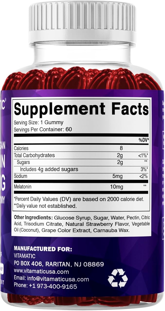 Vitamatic Melatonin 10 mg Vegetarian Gummies – Non-Habit Forming – 60 Gummies per Bottle – 4-Pack (Total 120 Vegan Gummies)