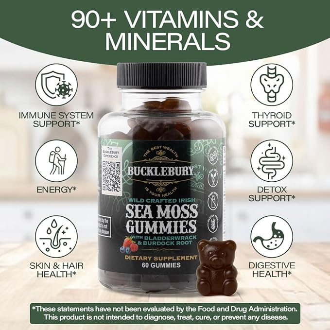 BUCKLEBURY Wild Crafted Irish Sea Moss Gummies with Bladderwrack & Burdock Root - Natural Chewable Multivitamin Vegan Sea Moss Gummies for Immune, Thyroid & Digestive Support - 60 Count