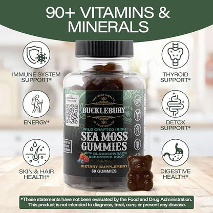 BUCKLEBURY Wild Crafted Irish Sea Moss Gummies with Bladderwrack & Burdock Root - Natural Chewable Multivitamin Vegan Sea Moss Gummies for Immune, Thyroid & Digestive Support - 60 Count