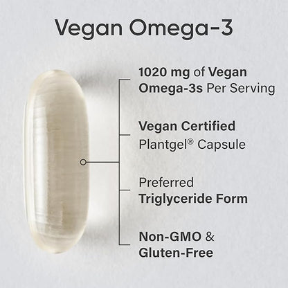 Sports Research Vegan Omega-3 Fish Oil Alternative from Algae Oil - Highest Levels of Vegan DHA & EPA Fatty Acids | Non-GMO Tested & Vegan Certified - 60 Veggie Softgels (Carrageenan Free)