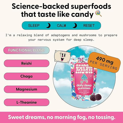 SuperMush Sleep Gummies for Adults - Mushroom Supplement with Magnesium Citrate, L-Theanine, Chaga, Reishi & Chamomile for Deep Sleep, REM & Detox - Vegan & Sugar-Free - 28 Gummies (14 Servings)