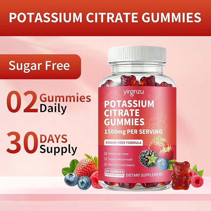 Potassium Citrate Gummies 1500mg, Potassium Supplement for Women & Men, Support Leg Cramps & Muscle Health, Vegan, Mixed Berry Flavor 60 Count