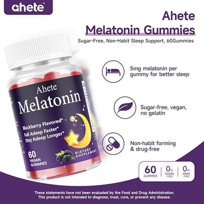 Melatonin 5mg Gummies for Adults, Raspberry Flavor Sleep Aid, Sugar-Free, 60 Gummies, 60 Days Supply