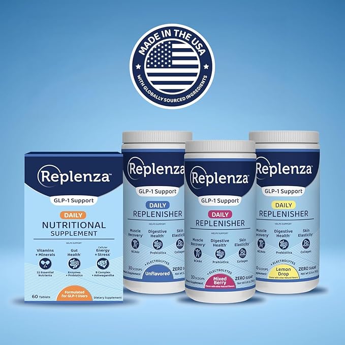 Replenza Daily Replenisher Nutritional Support Powder – Muscle Recovery, Digestive Health & Skin Elasticity Mix of Amino Acids, Prebiotics and Collagen Peptides – Unflavored, 30 Scoops