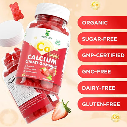 Calcium Citrate Gummies 1200mg, Chewable Calcium Supplements for Women & Men, Sugar Free Calcium Gummies for Bone, Muscle & Immune Support, Strawberry Flavor 120 Count