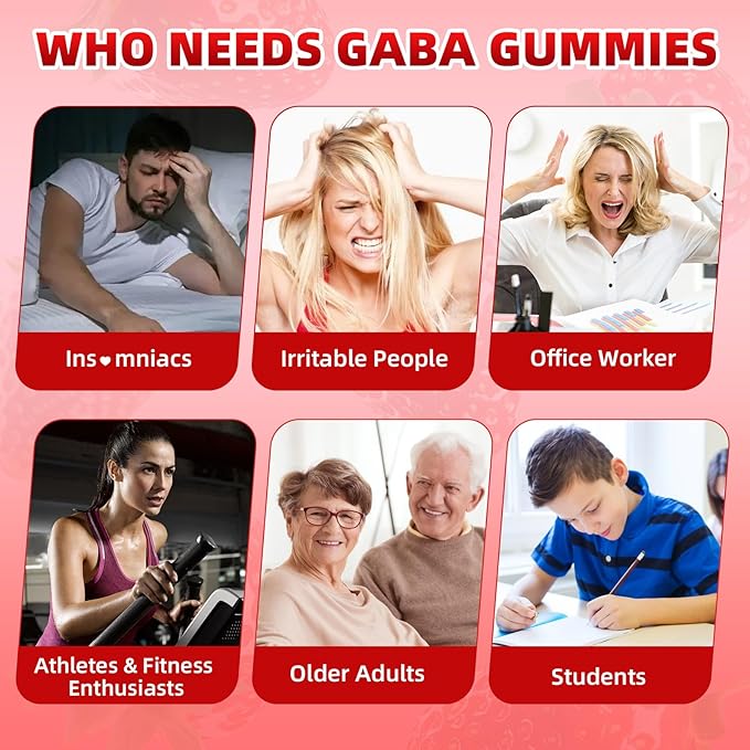 GABA Gummies 1000mg for Kids & Adults, Chewable GABA Supplements with L Theanine 5-HTP Ashwagandha Vitamins B6,B12,D3 for Calm & Zzz, Sugar-Free/Vegan, Strawberry Flavor 60 Count