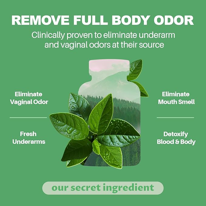 Body Deodorizing Supplement, Natural Internal Odor Control Pills for Men & Women, Chlorophyll Capsules for Skin, Breath and Gut Health (60 Capsules)
