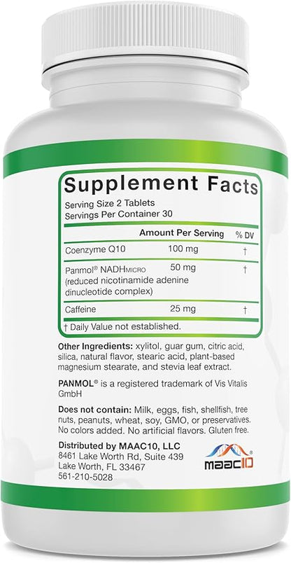 MAAC10 Energy Booster - with NADH, Caffeine & Coq10 Fast Acting Chewable Tablets - Great for Fatigue, Energy & Mental Focus.