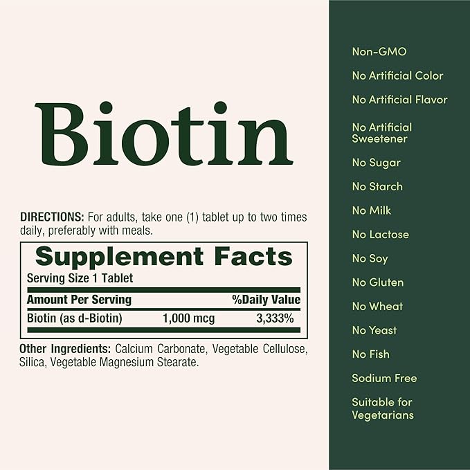 Nature's Bounty Biotin, Supports Metabolism for Energy and Healthy Hair, Skin, and Nails, 1000 mcg, 100 Tablets