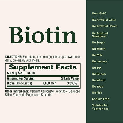 Nature's Bounty Biotin, Supports Metabolism for Energy and Healthy Hair, Skin, and Nails, 1000 mcg, 100 Tablets