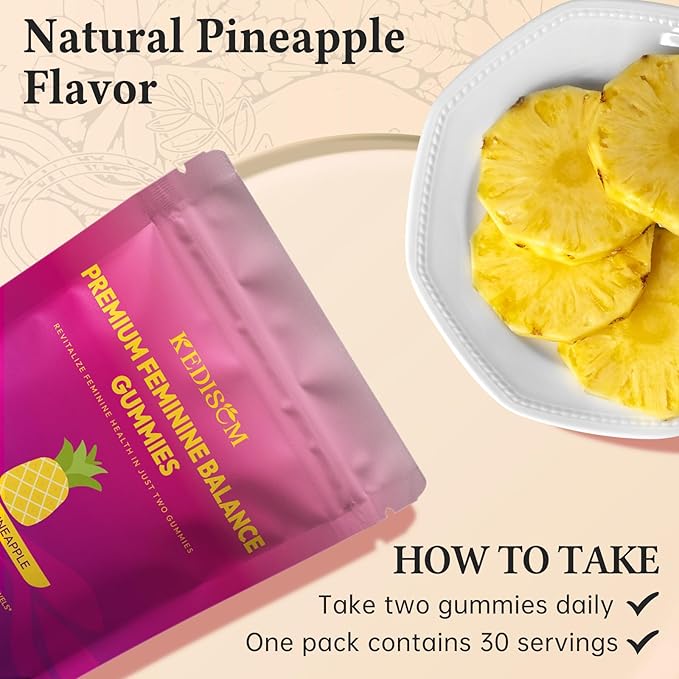 Premium Feminine Balance Gummies - for Women’s Health & Wellness - Immune Support - Vegan, Gluten-Free - Hawaiian Pineapple - 60 Gummies - 30 Servings