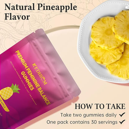 Premium Feminine Balance Gummies - for Women’s Health & Wellness - Immune Support - Vegan, Gluten-Free - Hawaiian Pineapple - 60 Gummies - 30 Servings