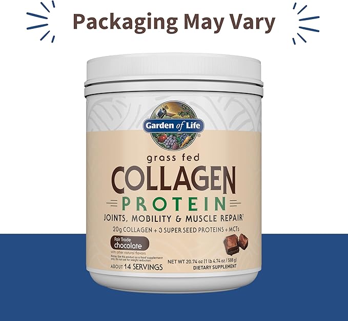 Garden of Life Grass Fed Collagen Protein Powder - Chocolate, 14 Servings, Powder for Joints Mobility Muscle Repair, Collagen Peptides + Super Seeds + Coconut MCTs, Keto Supplement